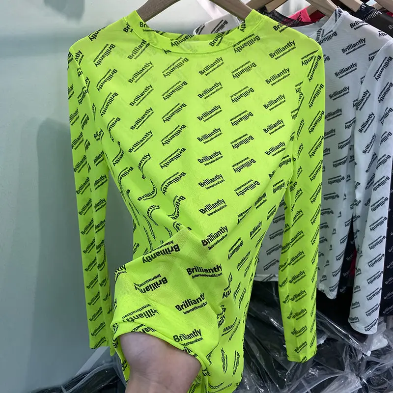 Women Fashion Brilliantly Letters Neon Green Long Sleeve T-shirts Ladies Sexy Mesh Fabric Bottoming Shirt Summer New Slim Tops
Women Fashion Brilliantly Letters Neon Green Long Sleeve T-shirts Ladies Sexy Mesh Fabric Bottoming Shirt Summer New Slim Tops