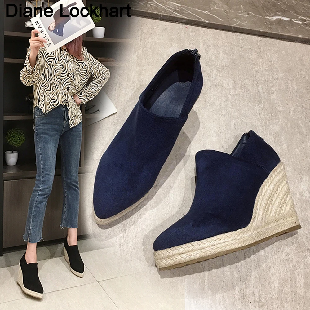 Brand Wedges Women Shoes Flock Platform Ankle Boots Pointed Toe Casual High Heels Weaving Fashion Shoes Female zapatillas mujer
Brand Wedges Women Shoes Flock Platform Ankle Boots Pointed Toe Casual High Heels Weaving Fashion Shoes Female zapatillas mujer