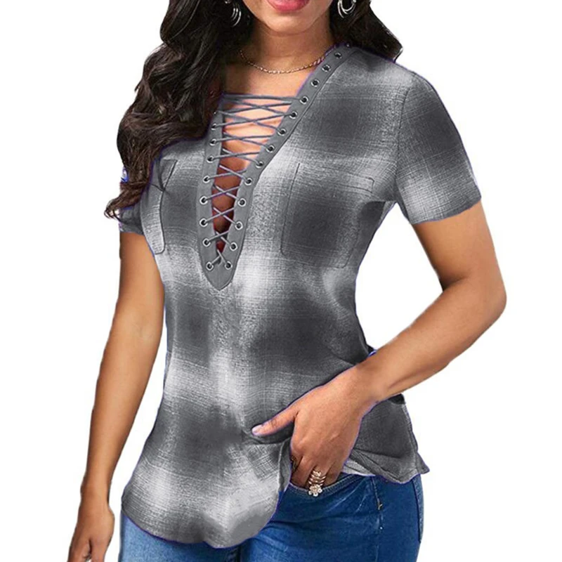 Summer Women Deep V Neck T Shirt Gradient Sexy Cross Ladies Casual Tops Short Sleeve Pockets T Shirt
Summer Women Deep V Neck T Shirt Gradient Sexy Cross Ladies Casual Tops Short Sleeve Pockets T Shirt
