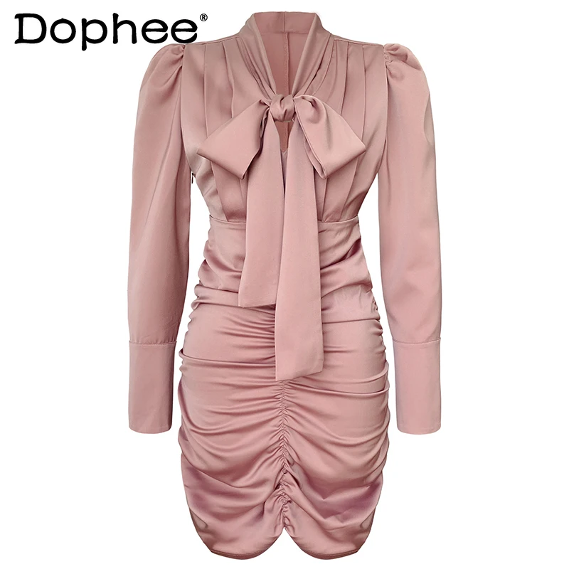 French Bow Slim-Fit Pleated Dress for Women 2021 Spring and Autumn Elegant Solid Color Simple Dress Slimming V-neck Satin Dress 
French Bow Slim-Fit Pleated Dress for Women 2021 Spring and Autumn Elegant Solid Color Simple Dress Slimming V-neck Satin Dress