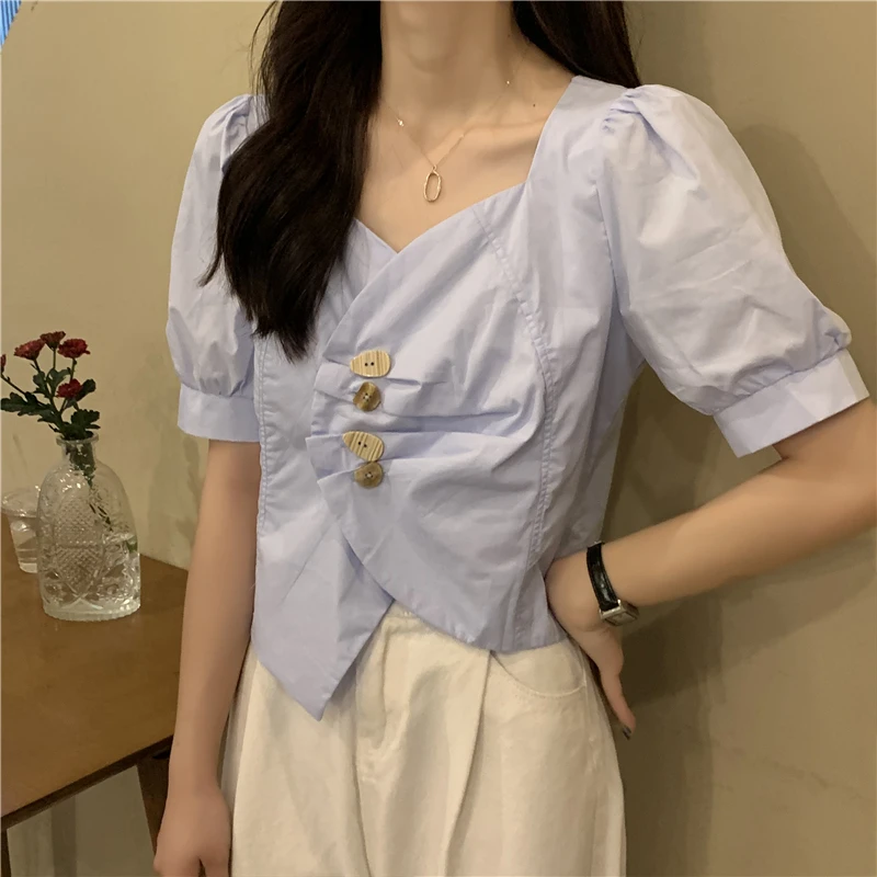 Short Sleeve Solid Tees Women Clothing Korean Sweet Style Button Ladies Tops Fashion Square Collar Casual Slim T Shirts Summer
Short Sleeve Solid Tees Women Clothing Korean Sweet Style Button Ladies Tops Fashion Square Collar Casual Slim T Shirts Summer