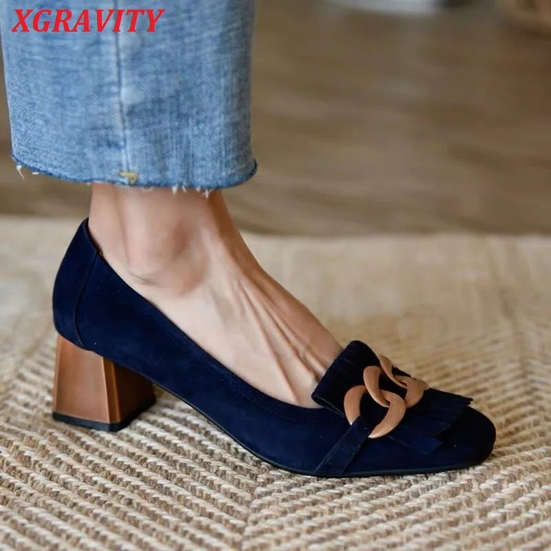 Женские винтажные туфли XGRAVITY, из натуральной кожи, на толстом каблуке, с квадратным носком, с кисточками и цепочкой, A273 
Женские винтажные туфли XGRAVITY, из натуральной кожи, на толстом каблуке, с квадратным носком, с кисточками и цепочкой, A273