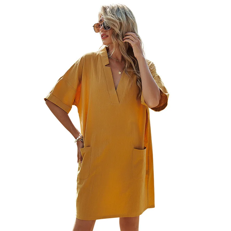 2021 Women 's Pure Color V-neck Women 's Midi And Short Skirt Akimbo A- Line Skirt Bag Casual Loose Short-sleeved Dress Women
2021 Women 's Pure Color V-neck Women 's Midi And Short Skirt Akimbo A- Line Skirt Bag Casual Loose Short-sleeved Dress Women