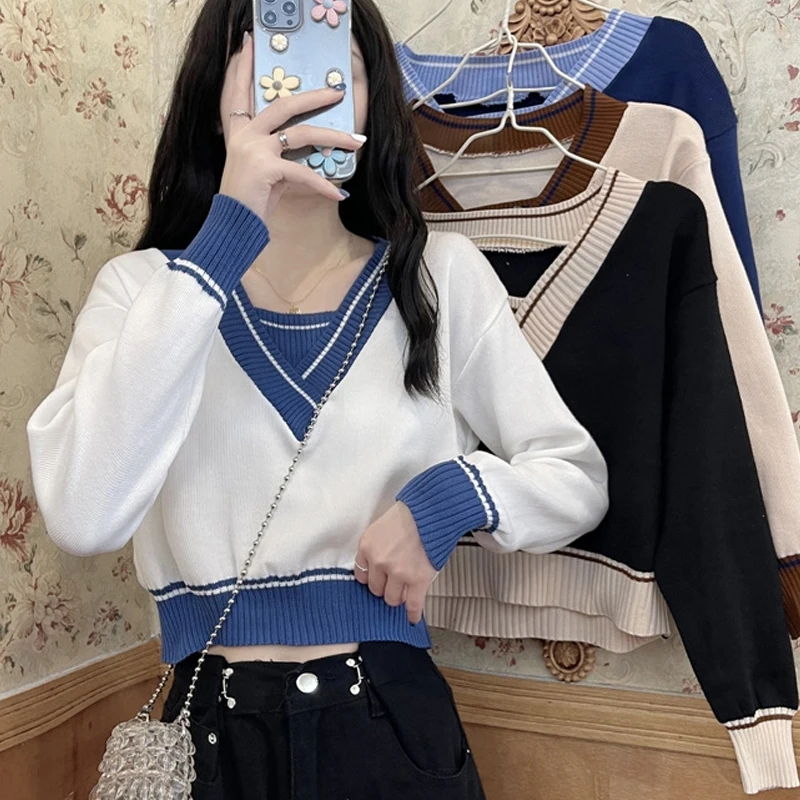 Autumn Pullover Women Patchwork Sweater Knitted Korean Fashion Preppy Style Loose Sweater Women Long Sleeve V Neck Tops 17797
Autumn Pullover Women Patchwork Sweater Knitted Korean Fashion Preppy Style Loose Sweater Women Long Sleeve V Neck Tops 17797