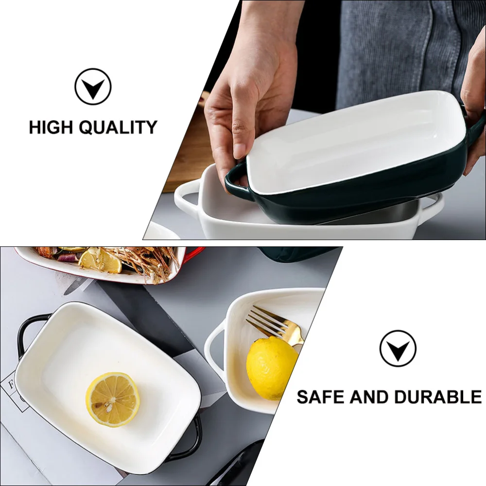 Ceramic Rectangular Bowl with Double Handles and Lid Baking Household Bowl