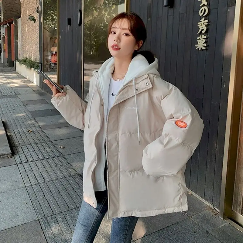 

2021 Winter Jackets Parkas Female Korean Fake Two-piece Hood Quilted Cotton Padded Jacket Loose Wild Fashion Warm Women Clothes