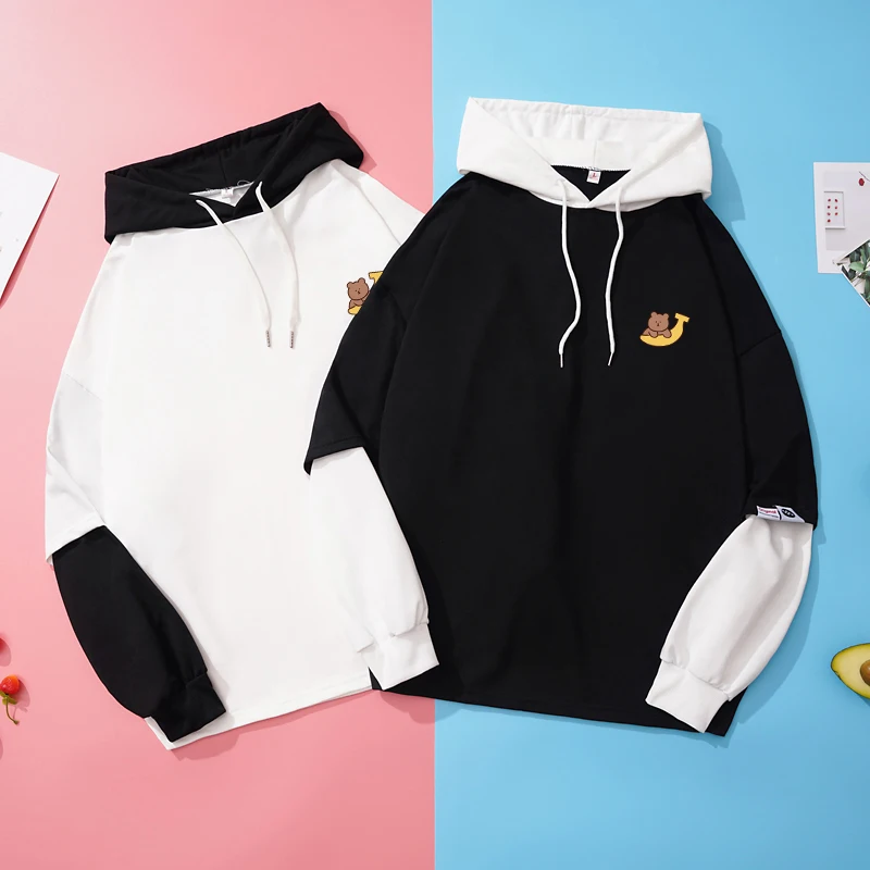 Spring Fall Women Fake Two Pieces Hoodie Loose Casual Harajuku Kawaii Banana Bear Cartoon Printed Sweatshirt Stitching Pullover
Spring Fall Women Fake Two Pieces Hoodie Loose Casual Harajuku Kawaii Banana Bear Cartoon Printed Sweatshirt Stitching Pullover