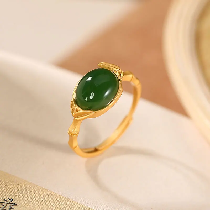 New S925 Sterling Silver Gilded Inlaid Natural Jasper Jade Sweet Bamboo Leaves Ring Women Adjustable Opening Rings K0134
New S925 Sterling Silver Gilded Inlaid Natural Jasper Jade Sweet Bamboo Leaves Ring Women Adjustable Opening Rings K0134