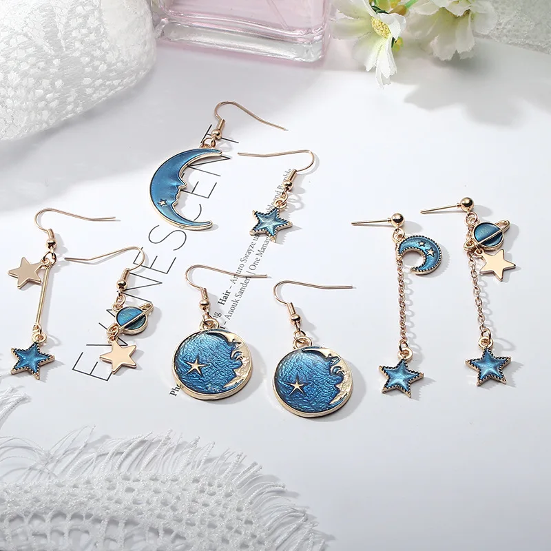 

New Korean Version Of The Blue Universe Planet Long Geometric Asymmetric Round Pendant Tassel Earrings Ladies Earrings Jewelry