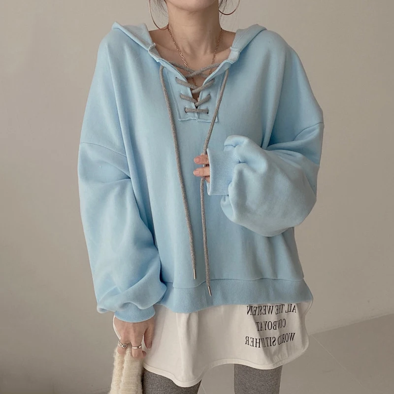 Korean Style Fake Two Pieces Drawstring Hoodie Top For Women Spring Autumn Streetwear Casual Pullover Hooded Sweatshirt
Korean Style Fake Two Pieces Drawstring Hoodie Top For Women Spring Autumn Streetwear Casual Pullover Hooded Sweatshirt