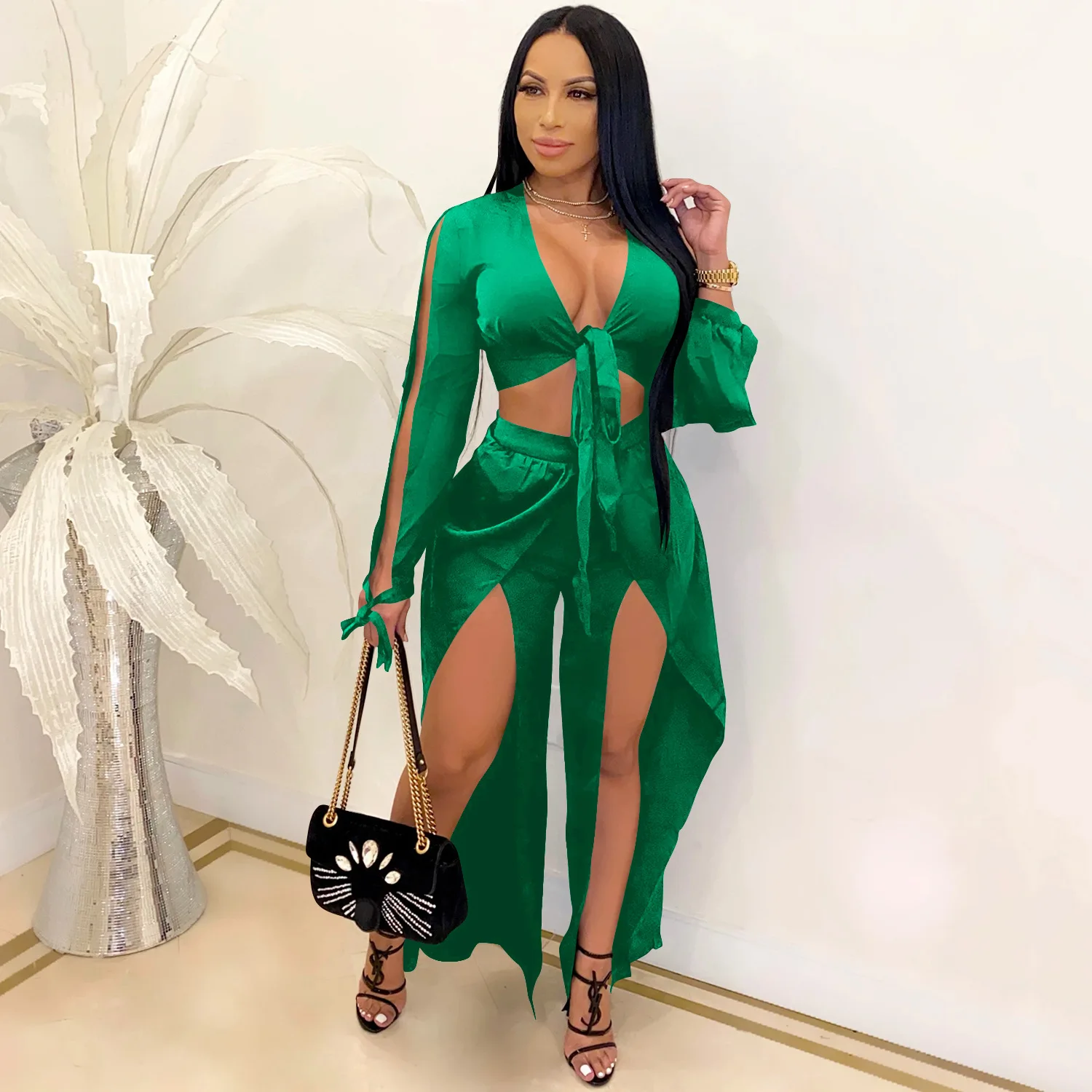 Split Sleeve Lace Up Crop Top Shirt Wide Leg Split Pants Two Piece Set Street Autumn Street Elegant Outfits Ladies Set
Split Sleeve Lace Up Crop Top Shirt Wide Leg Split Pants Two Piece Set Street Autumn Street Elegant Outfits Ladies Set