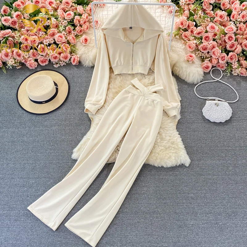 New 2 piece Suits Women 2022 Autumn Casual Elegant Hooded Zipper Short Cardigan Coat + Cross Waist Who Design Long Pants Suit
New 2 piece Suits Women 2022 Autumn Casual Elegant Hooded Zipper Short Cardigan Coat + Cross Waist Who Design Long Pants Suit