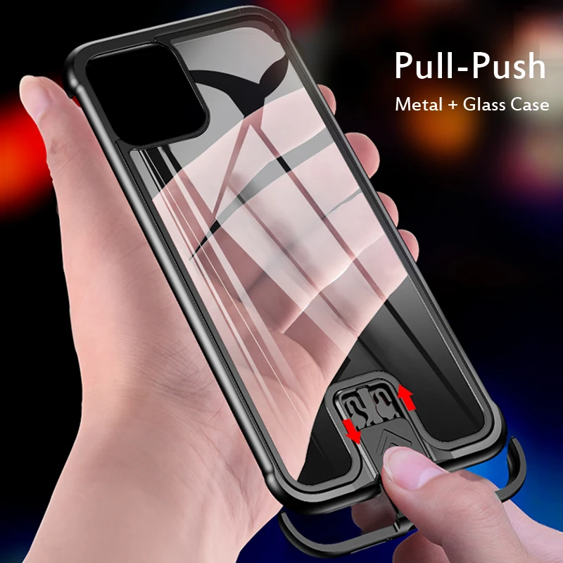 Роскошный чехол без рамки для iPhone 11 Pro Max металлический + стеклянный с нажимом 7 8Plus