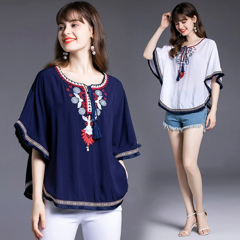 Willstage batwing sleeves blouse summer short sleeve tassel shirts floral embroidery retro fashion round collar beach tops
Willstage batwing sleeves blouse summer short sleeve tassel shirts floral embroidery retro fashion round collar beach tops
