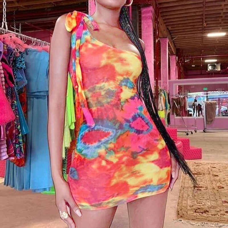 Sexy Tie Dye Women Bodycon Dress One Shoulder Bandage Fashion Party Mini Dresses Sleeveless Skinny Print Dress
Sexy Tie Dye Women Bodycon Dress One Shoulder Bandage Fashion Party Mini Dresses Sleeveless Skinny Print Dress