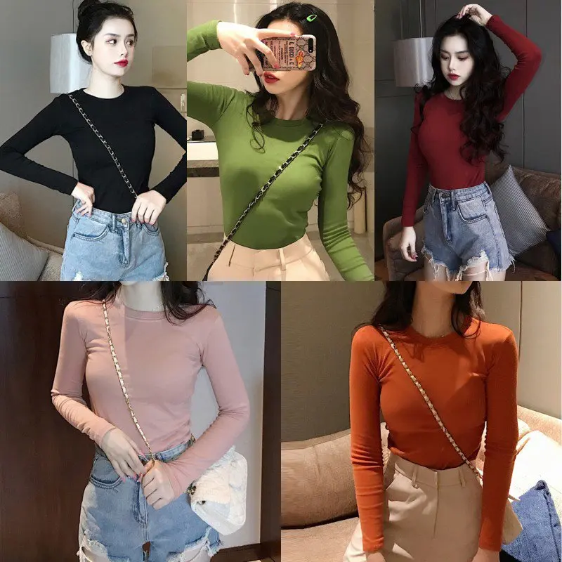 Women T-shirt Spring Solid Color Korean Harajuku Long-sleeved Bottoming Tops Ladies Slim Bottoming Fashion Shirts
Women T-shirt Spring Solid Color Korean Harajuku Long-sleeved Bottoming Tops Ladies Slim Bottoming Fashion Shirts