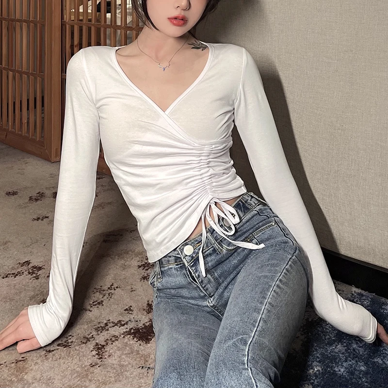 Spring Autumn Cotton Women's T-shirt Solid Crop Top Trendy Long Sleeve V-Neck Drawstring Casual Slim T-Shirt for Women Ladies
Spring Autumn Cotton Women's T-shirt Solid Crop Top Trendy Long Sleeve V-Neck Drawstring Casual Slim T-Shirt for Women Ladies