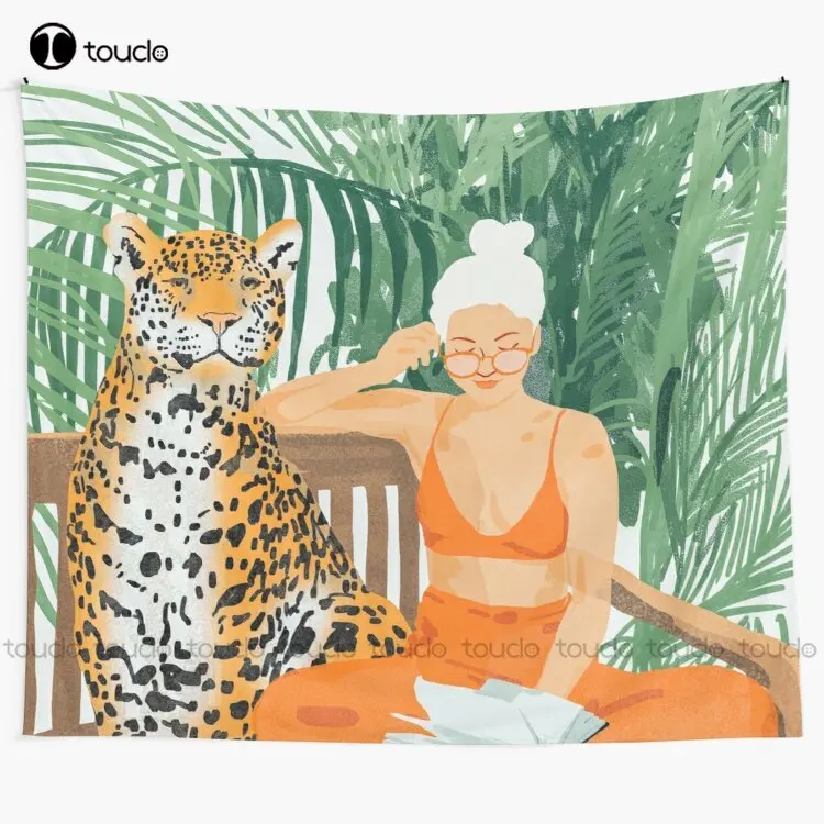 

Jungle Vacay Tropical Nature Painting Woman & Wildlife Tiger Cheetah Palms Illustration Wild Cat Blonde Fashion Tapestry