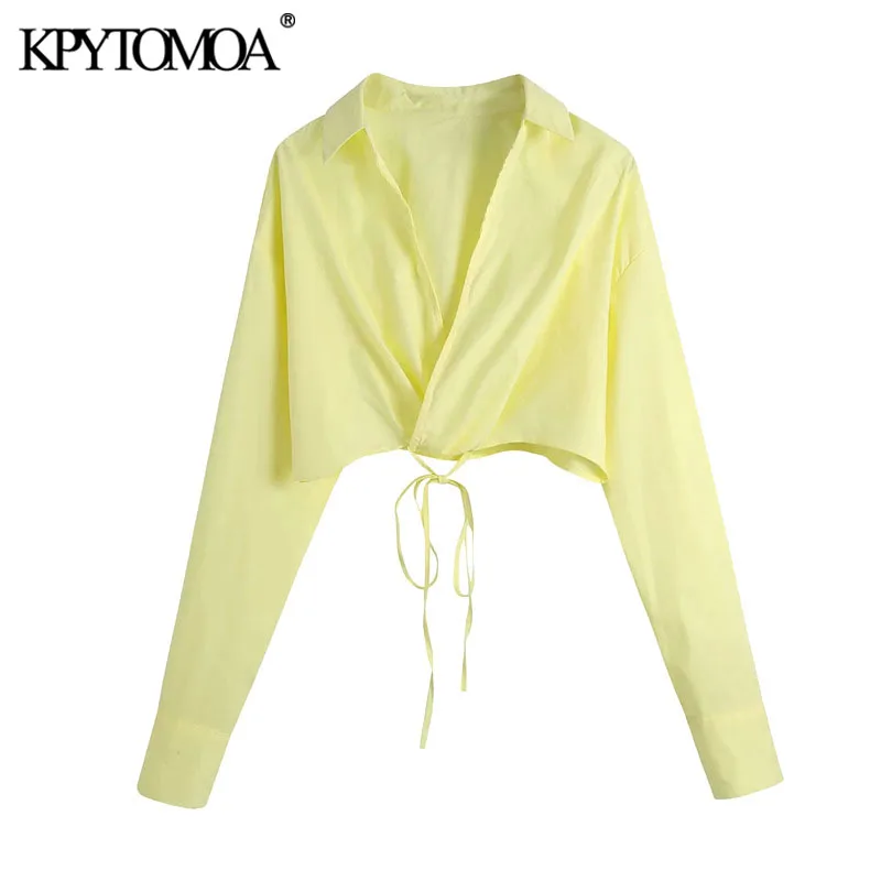 

KPYTOMOA Women 2021 Fashion Adjustable Hem Cropped Crossover Blouses Vintage V Neck Long Sleeve Female Shirts Blusas Chic Tops