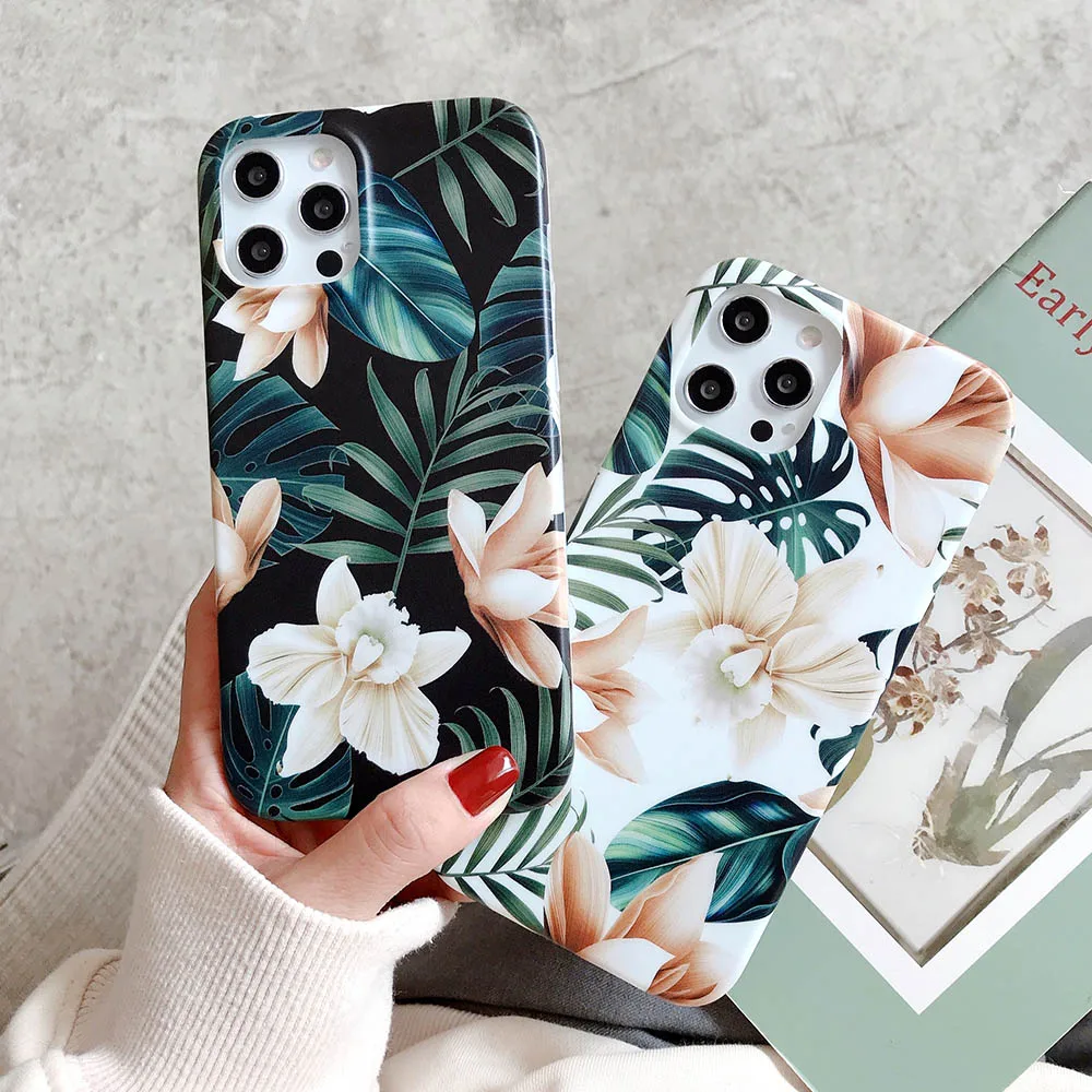 Matte Floral Case For iPhone 12 mini 11 Pro Max XR XS Max X 7 Plus 8 Plus Soft TPU Tropical Leaf Flowers Girl Phone Cases Cover