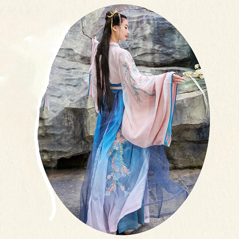 Вышитые танцевальные костюмы с Фениксом Hanfu женское китайское фолк-сказочное
