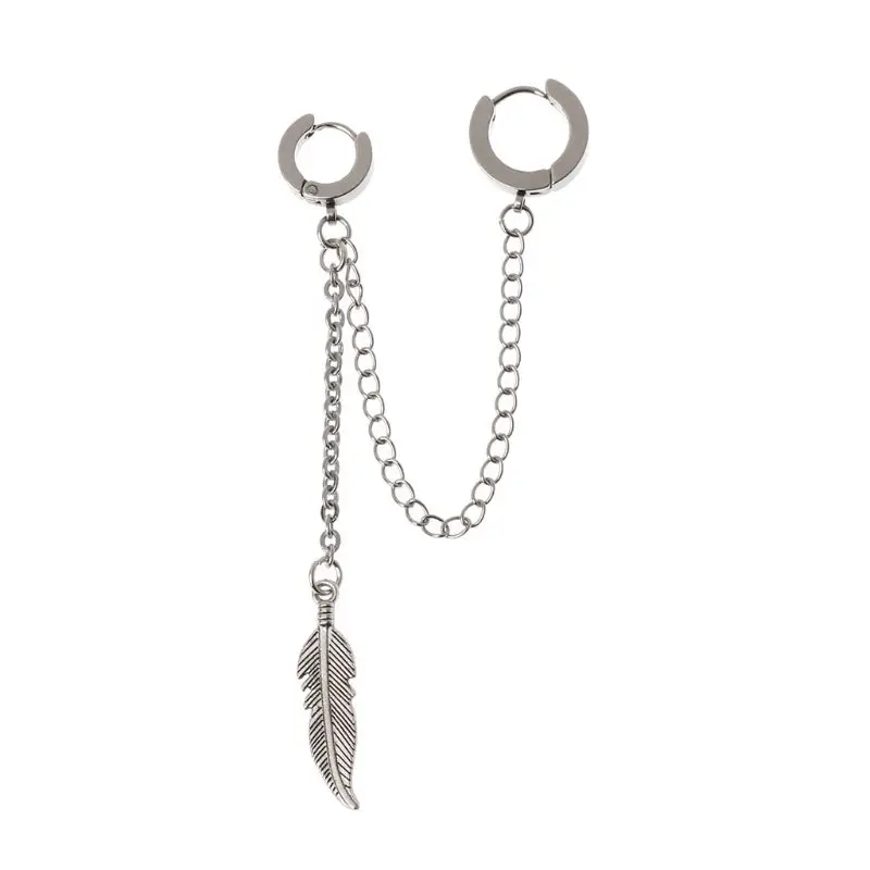 1Pc Titanium Feather Pendant Double Long Chain Leaf Earring Korean Idols Jewelry E56A