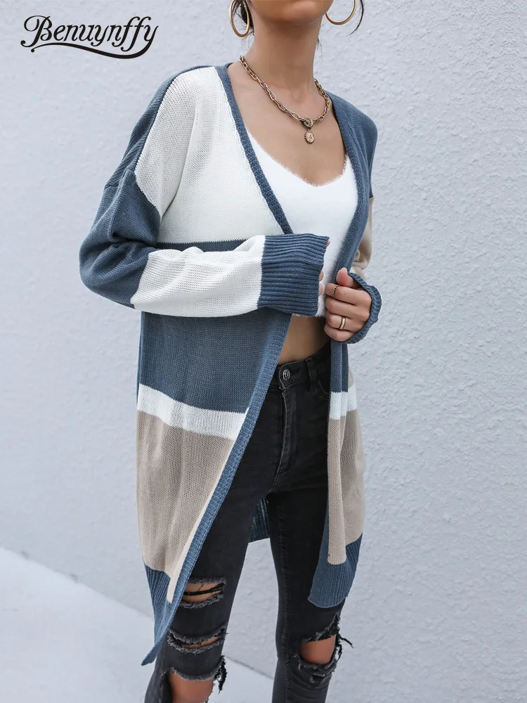 Весенне-осенний длинный вязаный кардиган Benuynffy, Женский цветной свитер с открытыми плечами, кардиган, Женские Повседневные вязаные топы 2021 
Весенне-осенний длинный вязаный кардиган Benuynffy, Женский цветной свитер с открытыми плечами, кардиган, Женские Повседневные вязаные топы 2021