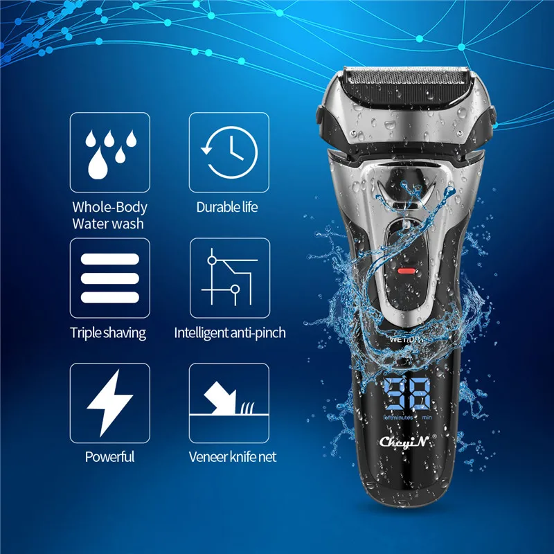 Quick Charge Electric Shaver Full Body Washable Beard Trimmer Powerful Triple Shaving Razor with Sideburns Trimmer LED Display
Quick Charge Electric Shaver Full Body Washable Beard Trimmer Powerful Triple Shaving Razor with Sideburns Trimmer LED Display