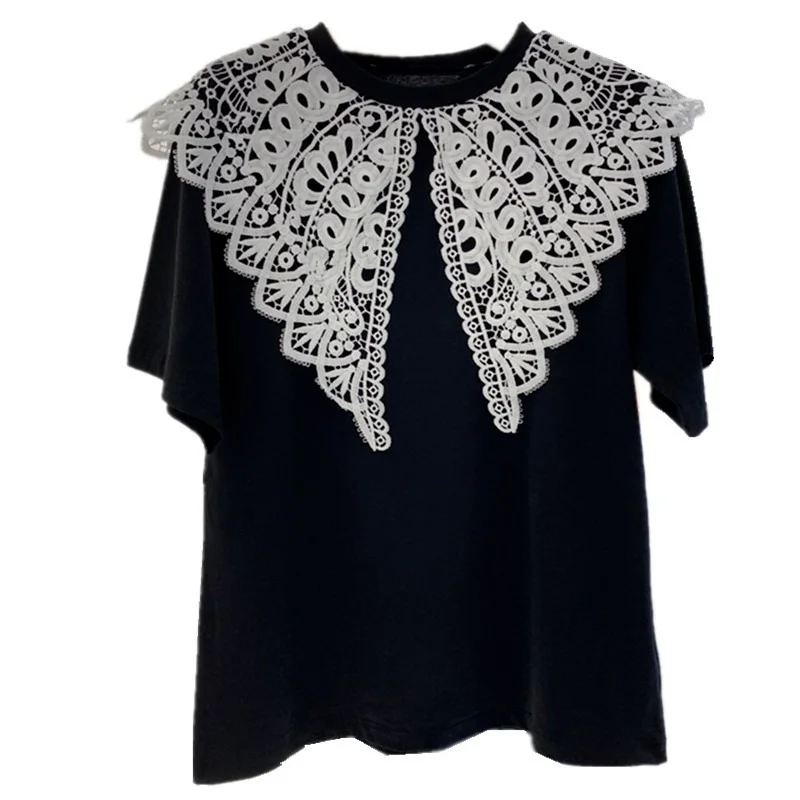 Summer Lace Hook Flower T Shirt for Women Hollow Out Peter Pan Collar Woman Tshirts 2021 Short Sleeve Solid Tops for Women
Summer Lace Hook Flower T Shirt for Women Hollow Out Peter Pan Collar Woman Tshirts 2021 Short Sleeve Solid Tops for Women