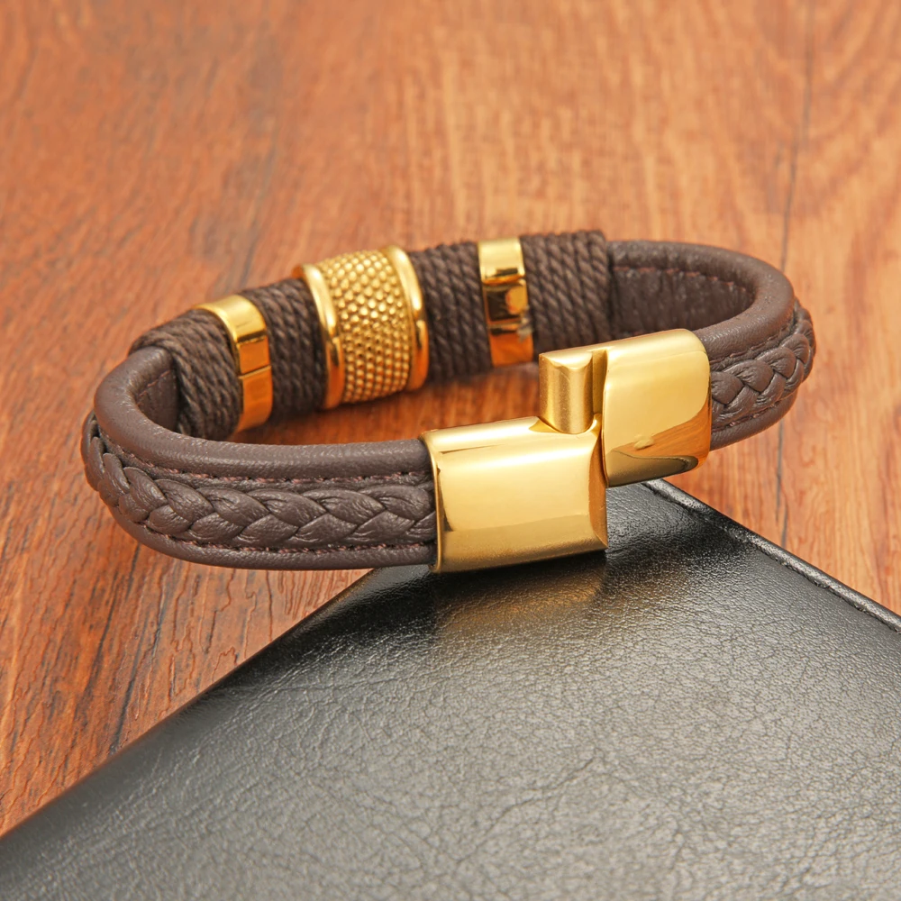 Punk Rock Style Men's Fashion Brown Leather Rope Braided Bracelet With Stainless Steel Magnetic Clasp Jewelry For Friends Gifts |