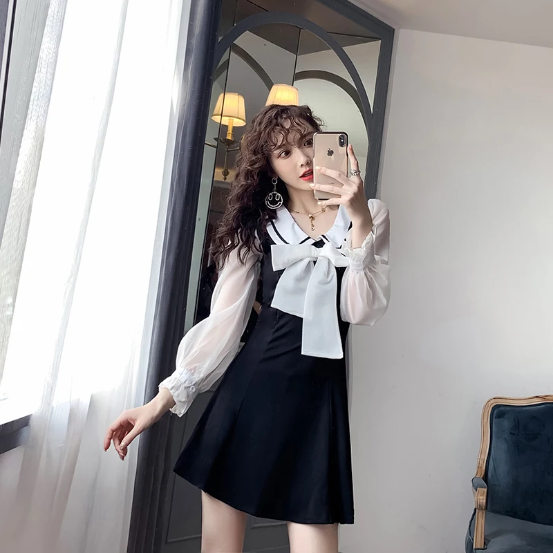 COIGARSAM Patchwork Women one-piece dress korean New Spring Bow Dresses Black 8200
COIGARSAM Patchwork Women one-piece dress korean New Spring Bow Dresses Black 8200