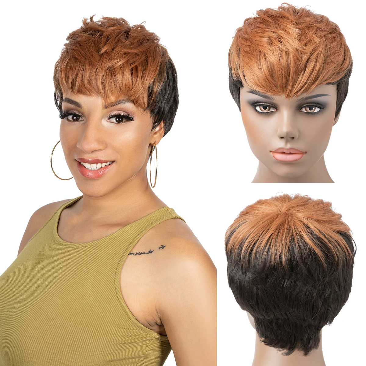 

Afro Cheap Short Pixie Cut Hair Wig Synthetic With Bang For Black Women Female High Qulaity Ginger Brown Natural Full Machine