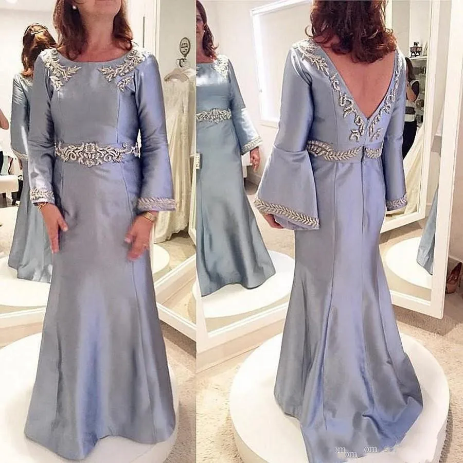 Saudi Arabia Satin Evening Gowns Long Sleeves Mermaid Mother Of The Bride Prom Dresses Backless Appliques Beads Mother Dress Cus 
Saudi Arabia Satin Evening Gowns Long Sleeves Mermaid Mother Of The Bride Prom Dresses Backless Appliques Beads Mother Dress Cus