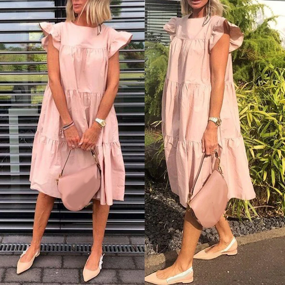 

Summer Dress Pure Color Casual Loose Ruffled For Women 2021 Elegant Large Hem Splicing Pink Vacation Midi Dress Sundress