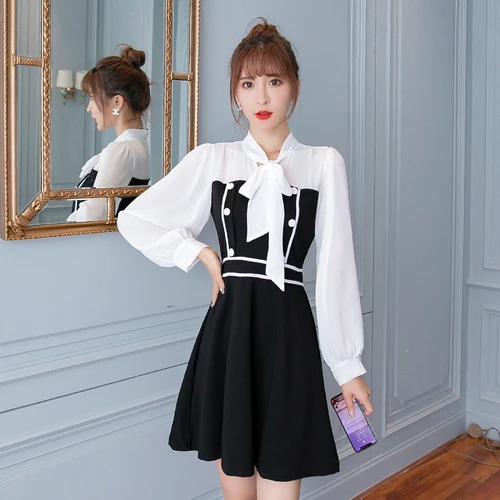 High Waist Fashion Black And White Dresses Woman Bow Preppy Style A-line Patchwork Short Casual Woman Clothes 2019 Autumn
High Waist Fashion Black And White Dresses Woman Bow Preppy Style A-line Patchwork Short Casual Woman Clothes 2019 Autumn