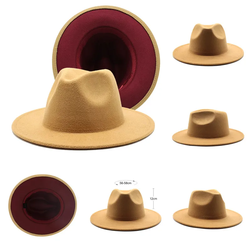 

Широкая Женская и мужская фетровая шляпа, фетровая шляпа верблюжьего и винного цвета, Лоскутная шляпа Трилби джаз