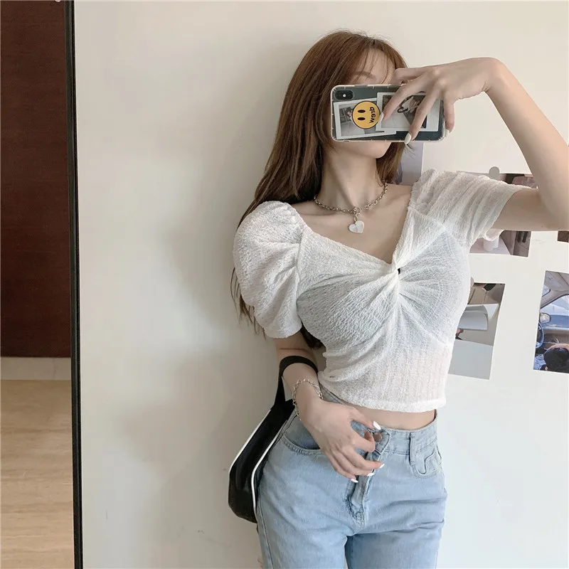 Chic Summer Style Korean Clothes Crop Top Ladies Tops V-neck Fashion Brand Slim Woman Blouses Puff Sleeve Shirts New Moda
Chic Summer Style Korean Clothes Crop Top Ladies Tops V-neck Fashion Brand Slim Woman Blouses Puff Sleeve Shirts New Moda