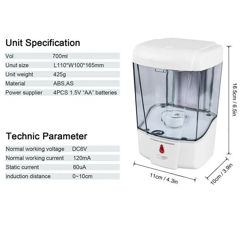 700ml Liquid Soap Dispenser Wall IR Sensor Automatic Soap Dispenser Touch-Free Kitchen Soap Lotion Pump For Kitchen Bathroom
700ml Liquid Soap Dispenser Wall IR Sensor Automatic Soap Dispenser Touch-Free Kitchen Soap Lotion Pump For Kitchen Bathroom