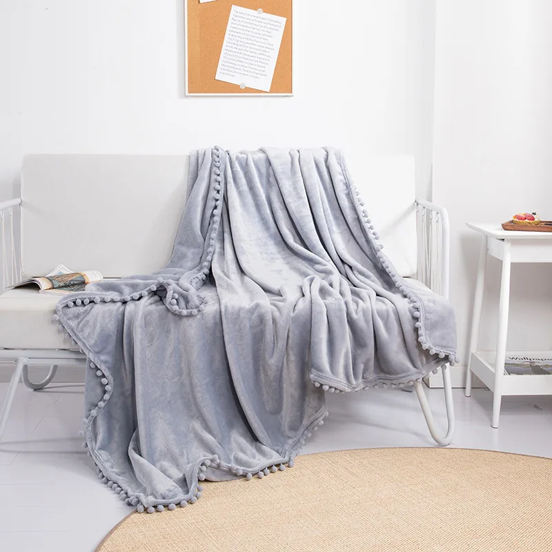 

Grey Flannel Blanket with Pompom Fringe Lightweight Cozy Bed Blanket Soft Throw Blanket fit Couch Sofa Suitable for All Season