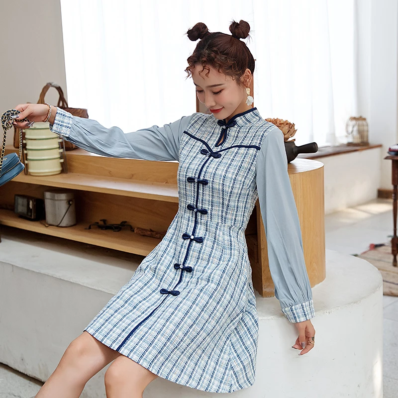 Small sweet spring wind restoring ancient ways of French new modified cheongsam fresh blue grid waist long-sleeved dress
Small sweet spring wind restoring ancient ways of French new modified cheongsam fresh blue grid waist long-sleeved dress