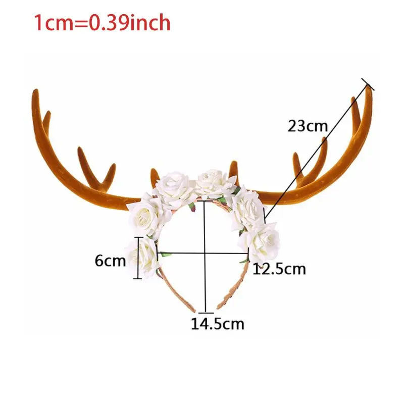 

Halloween Forest Fairy Elk Long Antler Headband Velvet Rose Flower Wreath Hair Hoop Christmas Masquerade Party Headdress