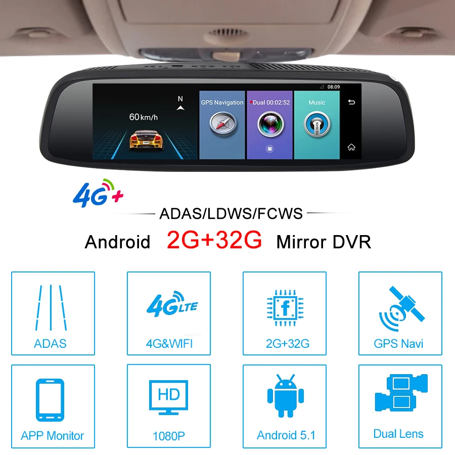 Зеркало-видеорегистратор TOPSOURCE 2 + 32 ГБ Android 7 86 ADAS BT Full HD 1080P | Автомобили и мотоциклы