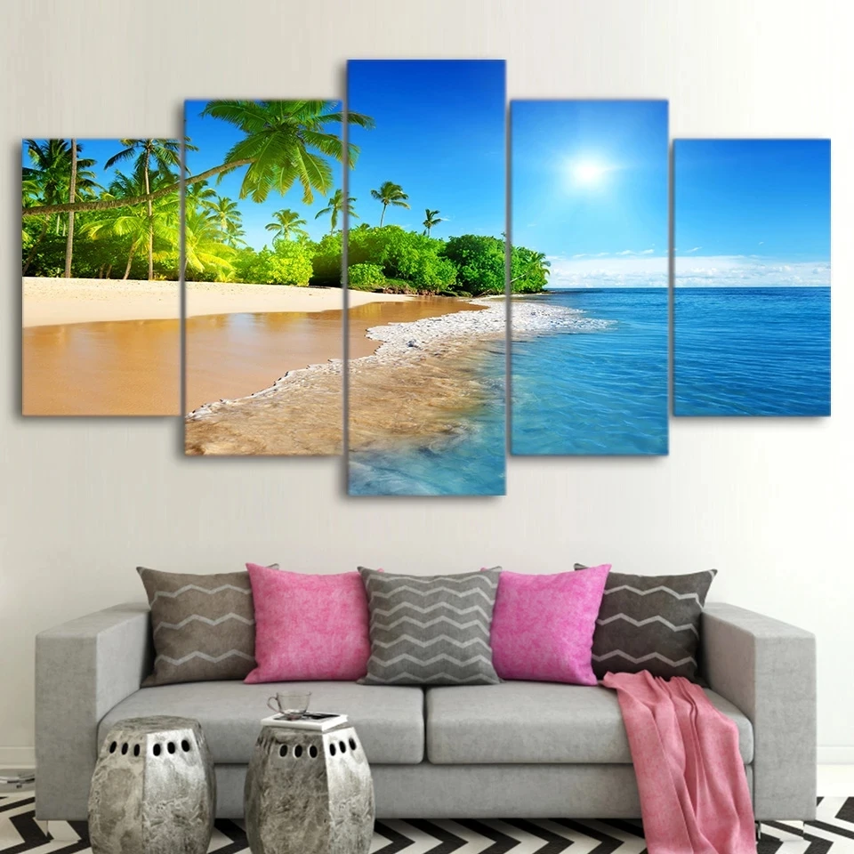 

HD Prints Wall Art 5 Pieces Sea Water Palm Trees Sunshine Seascape Modular Canvas Painting Picture Poster Home Decor Living Room