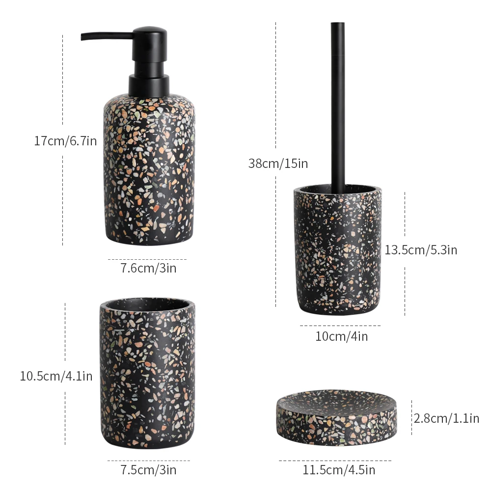 Resin Black terrazzo Bathroom Accessories Set Toothbrush Holder Soap Dispenser Pump BottleToothpaste Dispenser Soap Dish
Resin Black terrazzo Bathroom Accessories Set Toothbrush Holder Soap Dispenser Pump BottleToothpaste Dispenser Soap Dish