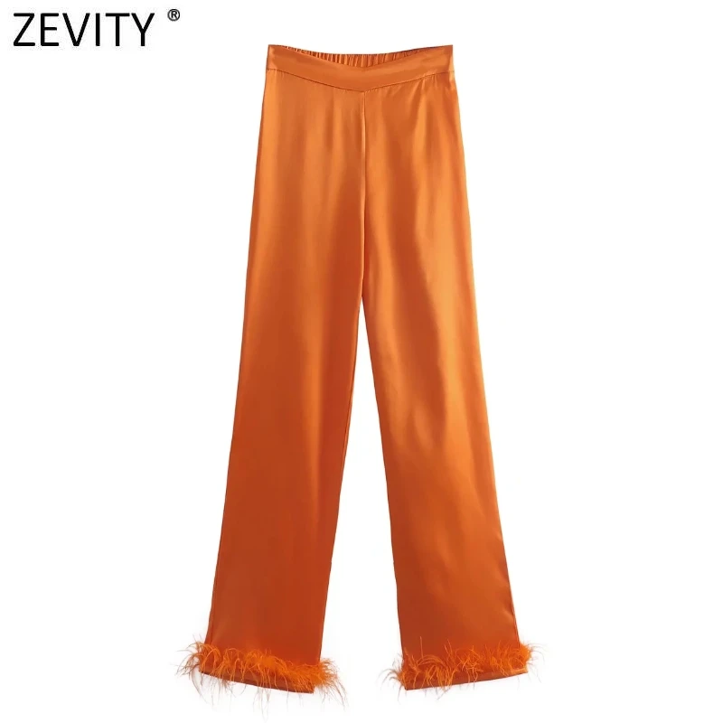 

Женские модные оранжевые брюки Zevity с подолом из мягкого атласа, женские шикарные длинные брюки с боковой молнией, женские брюки P1278