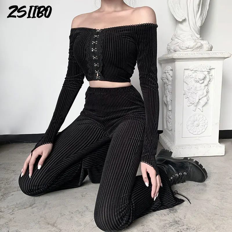 Long Sleeve Crop Top Women Black Sets Streetwear Slim Flare Pants Off Shoulder Bodycon Top
Long Sleeve Crop Top Women Black Sets Streetwear Slim Flare Pants Off Shoulder Bodycon Top