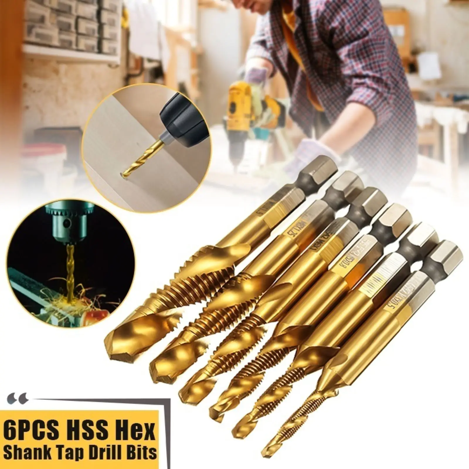 6Pcs Hex Shank Tap Drill Bits Thread Titanium HSS Countersink Coated Taps Woodworking Metric Twist Drill Bits Repair Work
6Pcs Hex Shank Tap Drill Bits Thread Titanium HSS Countersink Coated Taps Woodworking Metric Twist Drill Bits Repair Work