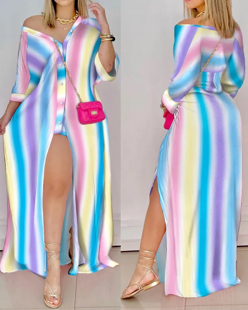 Striped Shirt Dress Women Autumn 2021 Fashion V-neck Long Sleeve Print Slit Maxi Dress Loose
Striped Shirt Dress Women Autumn 2021 Fashion V-neck Long Sleeve Print Slit Maxi Dress Loose