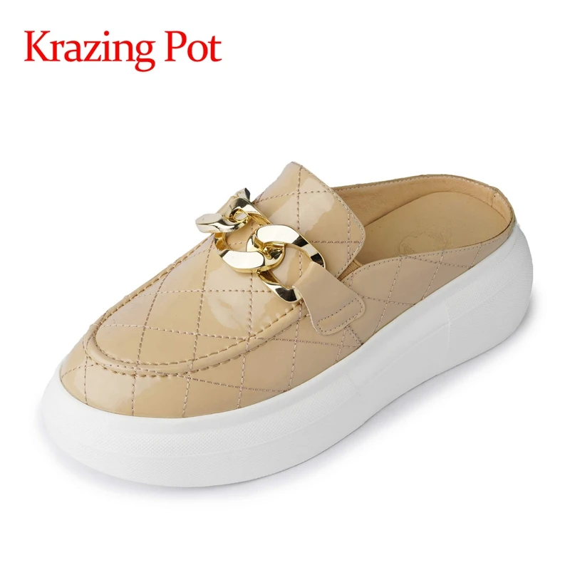 Krazing pot genuine leather round toe high heel thick bottom metal fasteners high street fashion leisure slip on shoes women L66
Krazing pot genuine leather round toe high heel thick bottom metal fasteners high street fashion leisure slip on shoes women L66