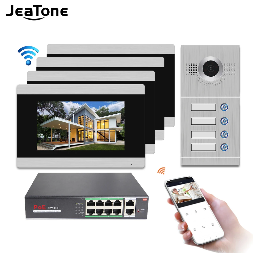 

Jeatone 7'' Touch Screen WIFI IP Video Intercom Video Door Phone for 4 Separate Apartments, Support Phone Remote control